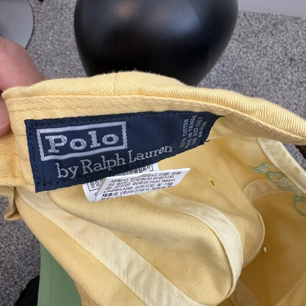 Vintage Polo Ralph Lauren Yellow Cap Hat OS Adjustable Leather Strap Green Pony